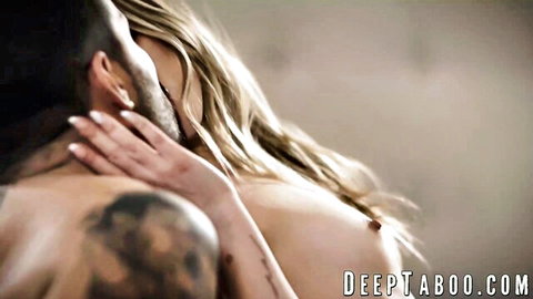 Petite blonde Lily Larimar intimately embraced by tattooed man in steamy scene
