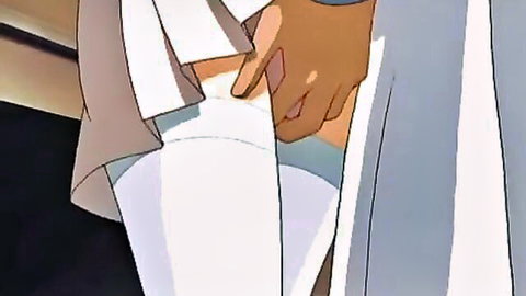 Cartoon cute nurse in white stockings touched intimately by doctor's hand