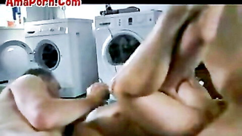Amateur Italian friends bare feet and legs in explicit laundromat play