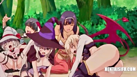 Hentai witches and demon girls exposing in forest orgy scene