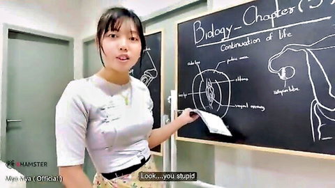 Sexy Asian teacher in blouse and skirt points at naughty biology diagram