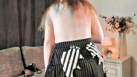 Bezuya topless back view in pinstripe skirt, red hair with blue tips, young skinny bigboobs