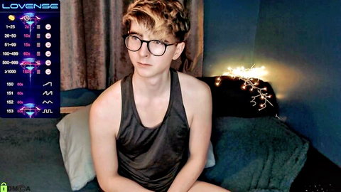 Alfiegreenxxx twink with glasses in tank top, teasing solo webcam stream