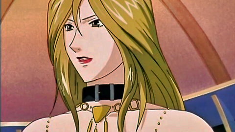 Seductive blonde anime girl in gold choker necklace, from lesbian group masturbation