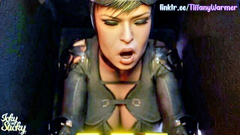 Sci-fi woman in revealing leather armor moans with open mouth