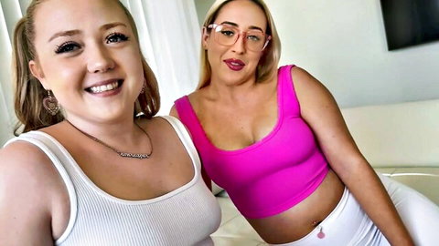 Brookie Blair and Eva Nyx, busty blondes in tight tops, teasing for hot threesome