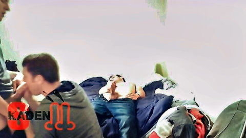 Amateur dude sucking hard cock of lying guy with jeans pulled down on messy bed