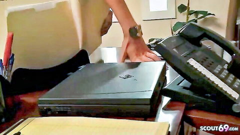 Big tits MILF hand on laptop in office seduction scene