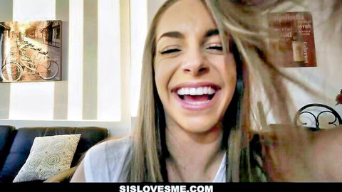 Cute blonde stepsister smiling in teasing POV oral scene