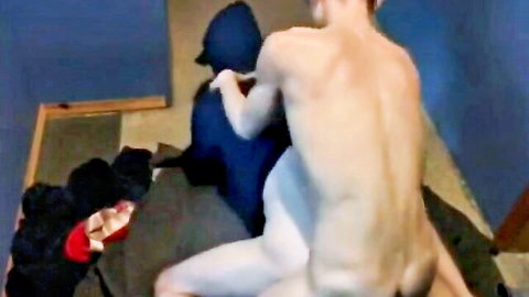 Hung Nerd Breeds Jock Bitch 5: nude muscular white male rear view, bare ass on bed