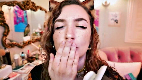 Rose ASMR close-up kitty kisses with cat ears and red wavy hair