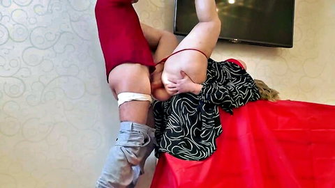 Curvy MILF in red dress gets anal fucked and blows cock HD