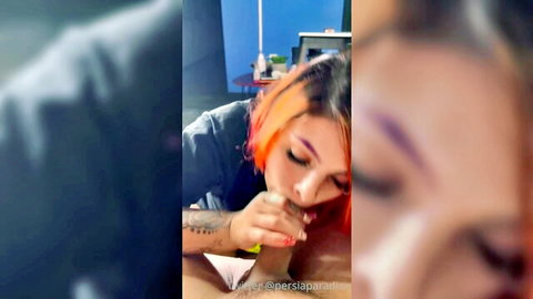 Persia P orange-haired beauty smoking seductively with tattoos