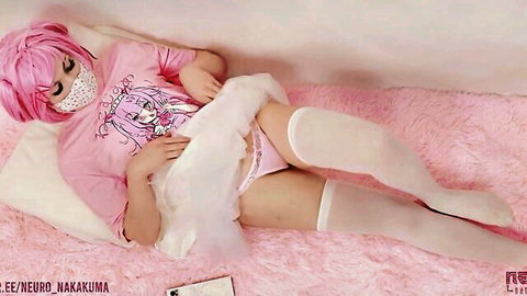 Pink-haired Natsuki cosplay girl in white panties and thigh-high stockings
