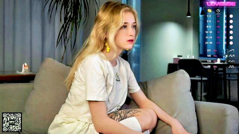 Petite blonde teen in white top and skirt sits teasingly on couch with pouty lips and yellow earrings
