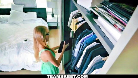 Blonde babe in green tank top bends over rummaging sexy closet in bedroom