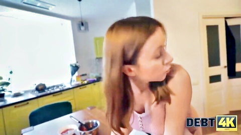 Skinny redhead teen bends over kitchen table teasing small tits cleavage in pink top POV