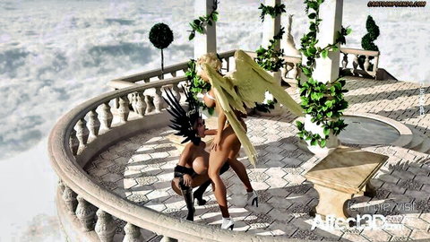 Blonde angel with white wings fucked by black demon in heavenly futanari sex