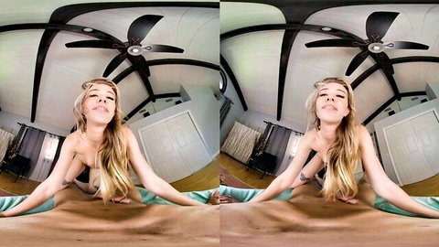 Haley Reed nude blonde smiling on bed in POV solo pose