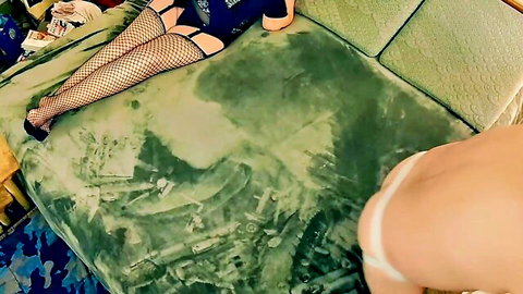 Granny Carmen in fishnet stockings and white lingerie, teasing POV ass view