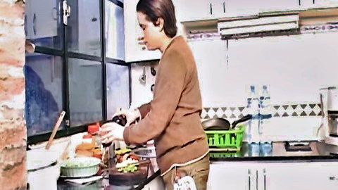 White crossdresser in casual kitchen prep, teasing for black boyfriend doggy fun