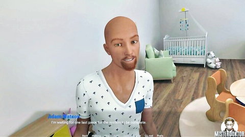 Bald Adam Yates in white shirt, visual novel porn gameplay scene