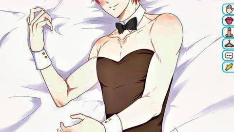 Anime redhead twink in sexy brown bunny outfit with bowtie posing seductively on white sheets