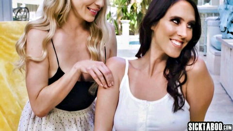 Blonde MILF and brunette tease outdoors, sparking sexual fire
