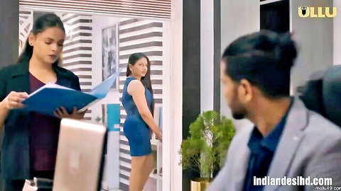 Indian office tease with woman in blue dress eyed by suited man, ULLU hot scene
