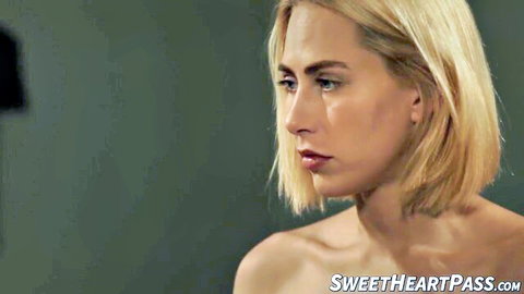 Blonde Serene Siren sultry topless pose in lesbian scene with Verronica Kirei