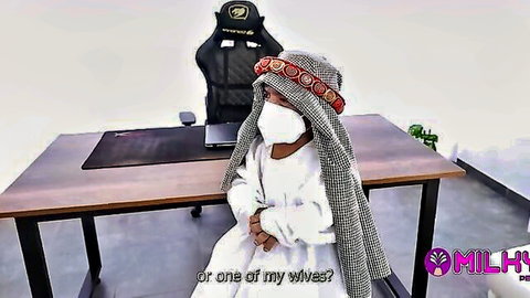 Dwarf Arab Sheikh in traditional attire at desk, teasing 'or one of my wives?'
