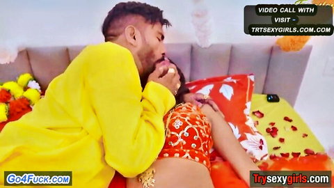 Indian Bhaiya Bhabhi couple passionate kiss in red and yellow outfits