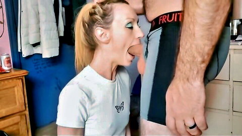 Blonde woman deepthroating cock in sloppy face fuck with spit