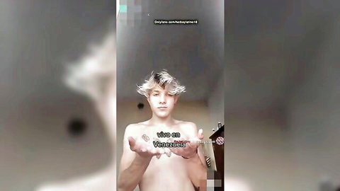 Shirtless silver-haired twink holds out hands for vibe check mirror selfie