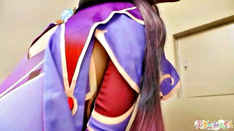 Asian babe in revealing purple cosplay gown, long purple hair, seductive pose