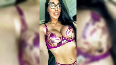 Clea Gaultier in sexy purple lingerie, teasing with big tits and glasses
