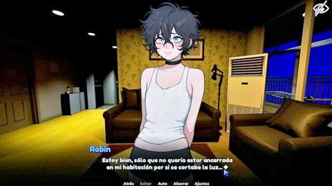 Femboy Robin in white tank top and shorts, cute anime roommate pose