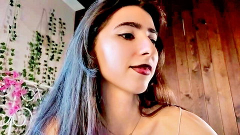 Shy skinny brunette Elwynagallant with blue hair streaks in teasing Chaturbate cam