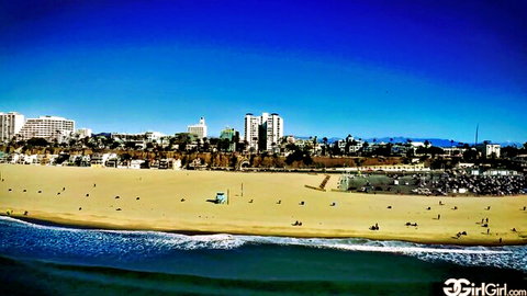 Aerial view of sunny beach with golden sand, ocean waves, distant city skyline and palm trees