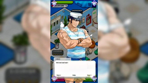 Muscular anime hunk in white tank top and shorts, arms crossed, from Ero Condo Summer Wey