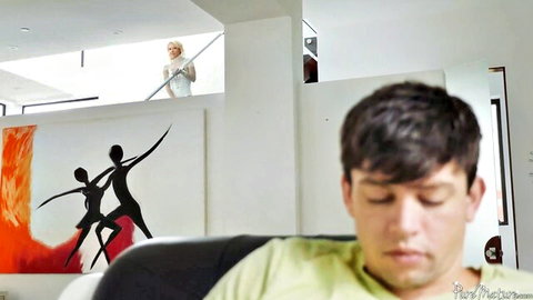 Lonely blonde stepmom in white dress overlooking pensive stepson in modern home fantasy
