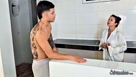 Danner Mendez tattooed hunk chats with Asian stepmom in white blouse
