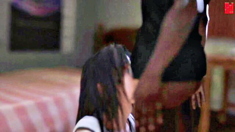 Cute Asian schoolgirl in uniform touched by black man in interracial scene