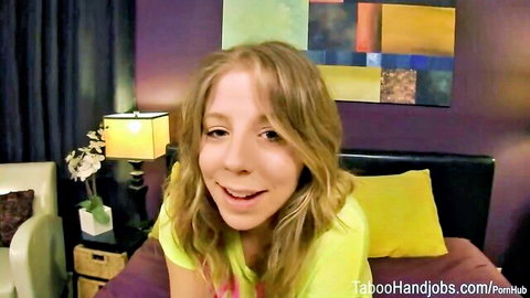 Chastity Lynn as sick blonde teen in green top, teasing handjob