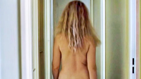 Naked blonde MILF with big ass walking down bathroom hallway from behind
