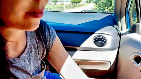 Petite brunette amateur puckers full lips teasing cock in car outdoor
