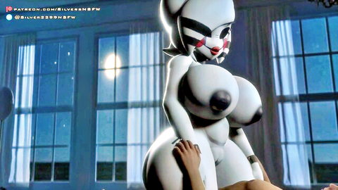 Nude white foxy animatronic with massive tits and thick ass posing in moonlit bedroom