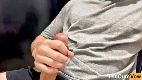 Close-up man stroking erect penis in gray t-shirt, cumshot compilation preview