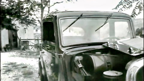 Vintage black and white photo of old car in rural setting, Italian wedding theme porn thumbnail