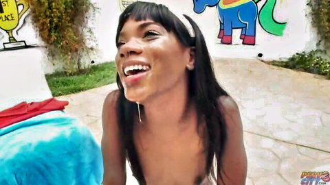 Smiling black teen with cum dripping from deepthroat blowjob